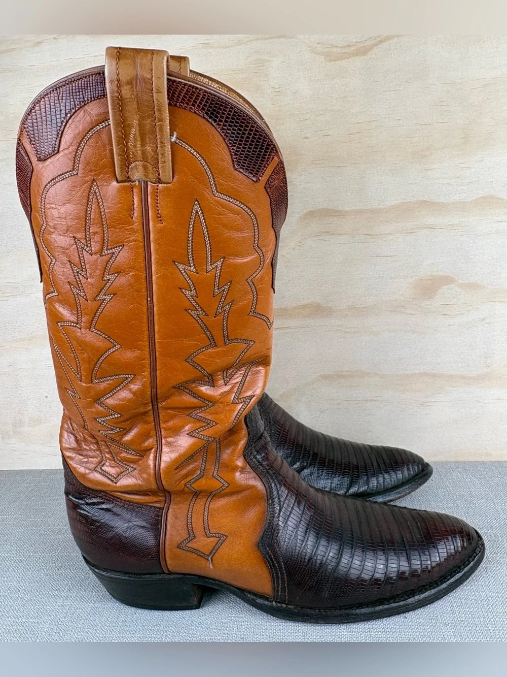Nocona Cowboy Boots Lizard Leather Men’s Size 10 Dark Brown Light Tan